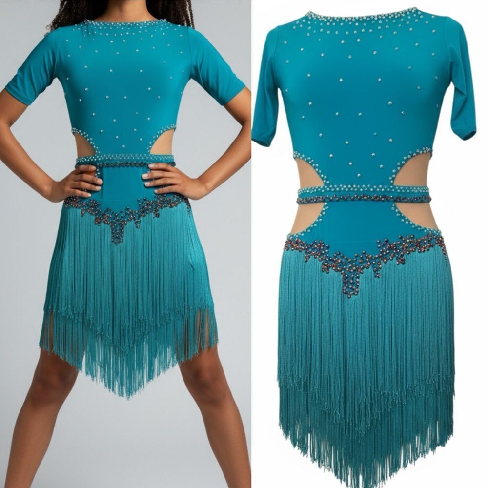 Custom Dance costume aqua teal blue fringe dress ballroom illusion SA adult